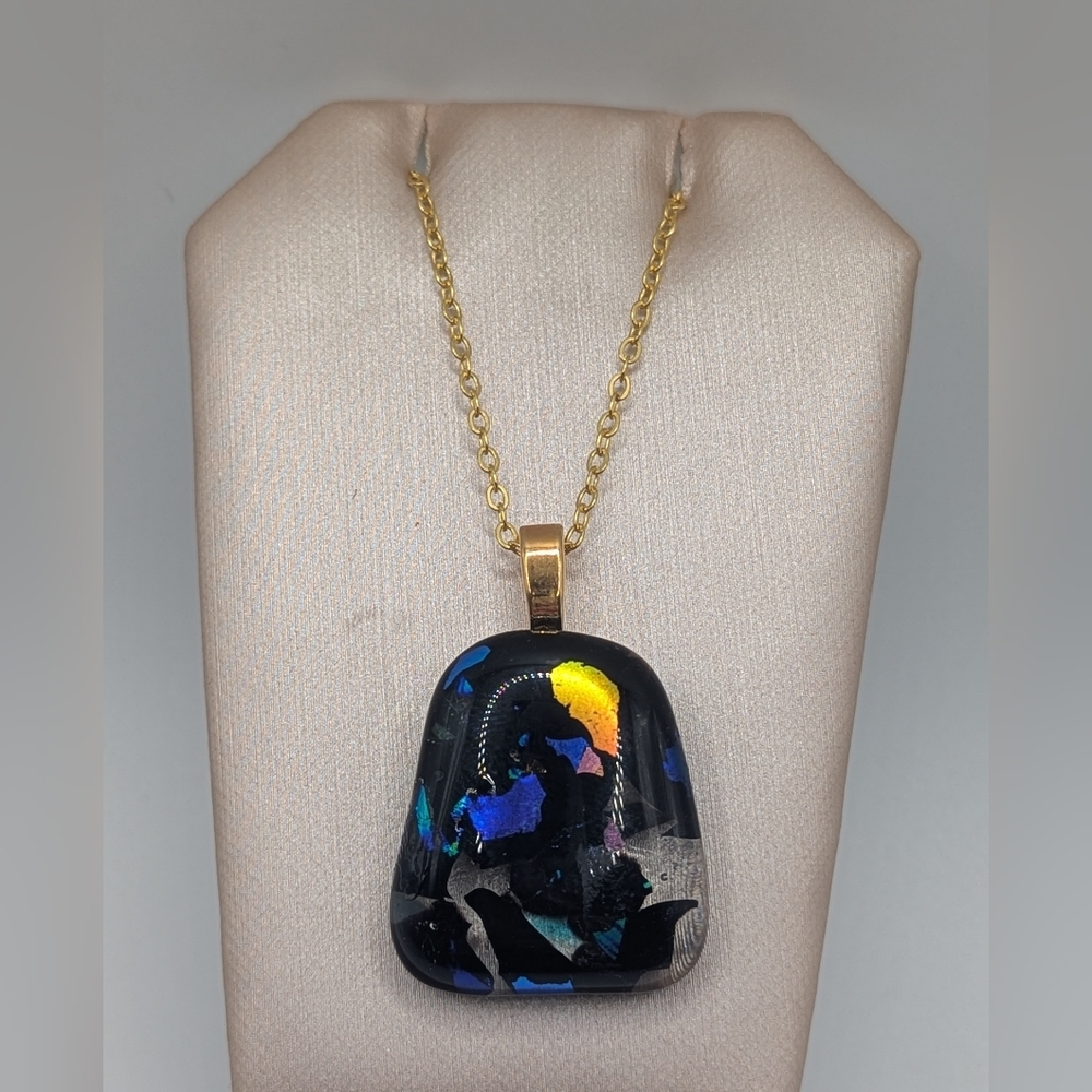 Hand Crafted  Dichroic Glass Pendant Necklace On 18" Gold Plated Chain